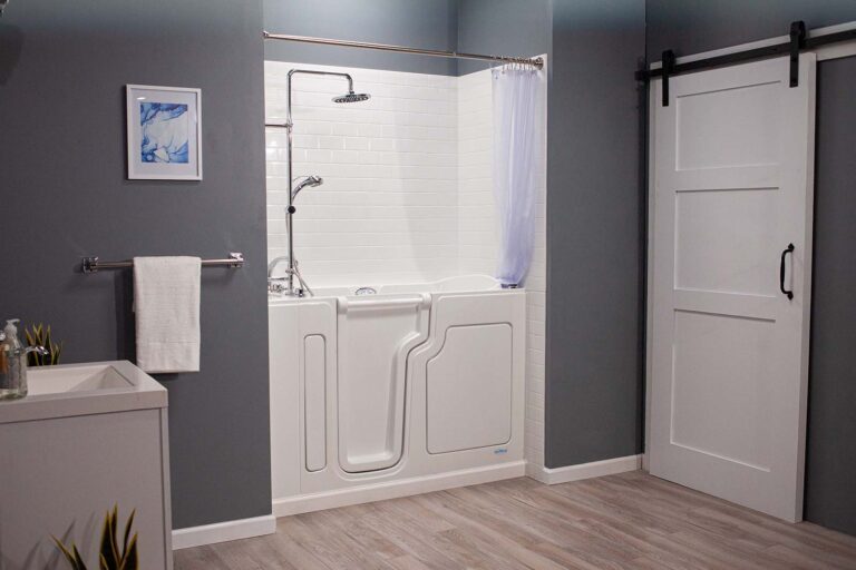 walk-in tub shower combo with grey walls