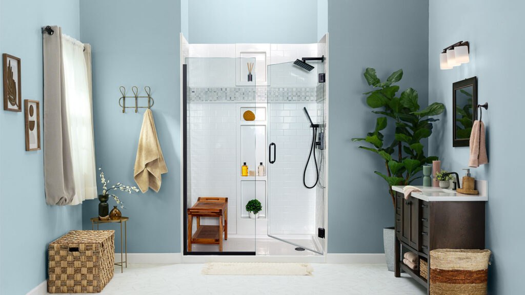 walk-in shower with teak bench