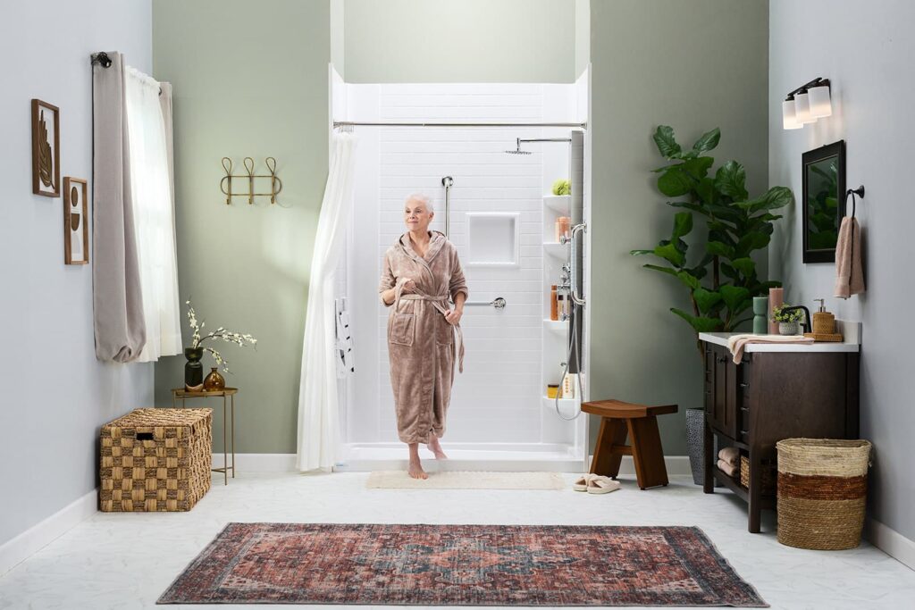 woman exiting her safe step walk in shower