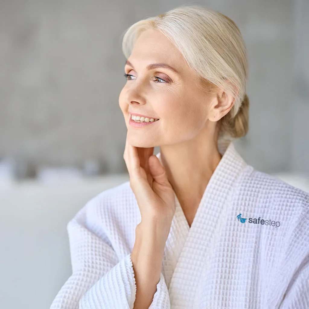 woman in safe step branded bathrobe