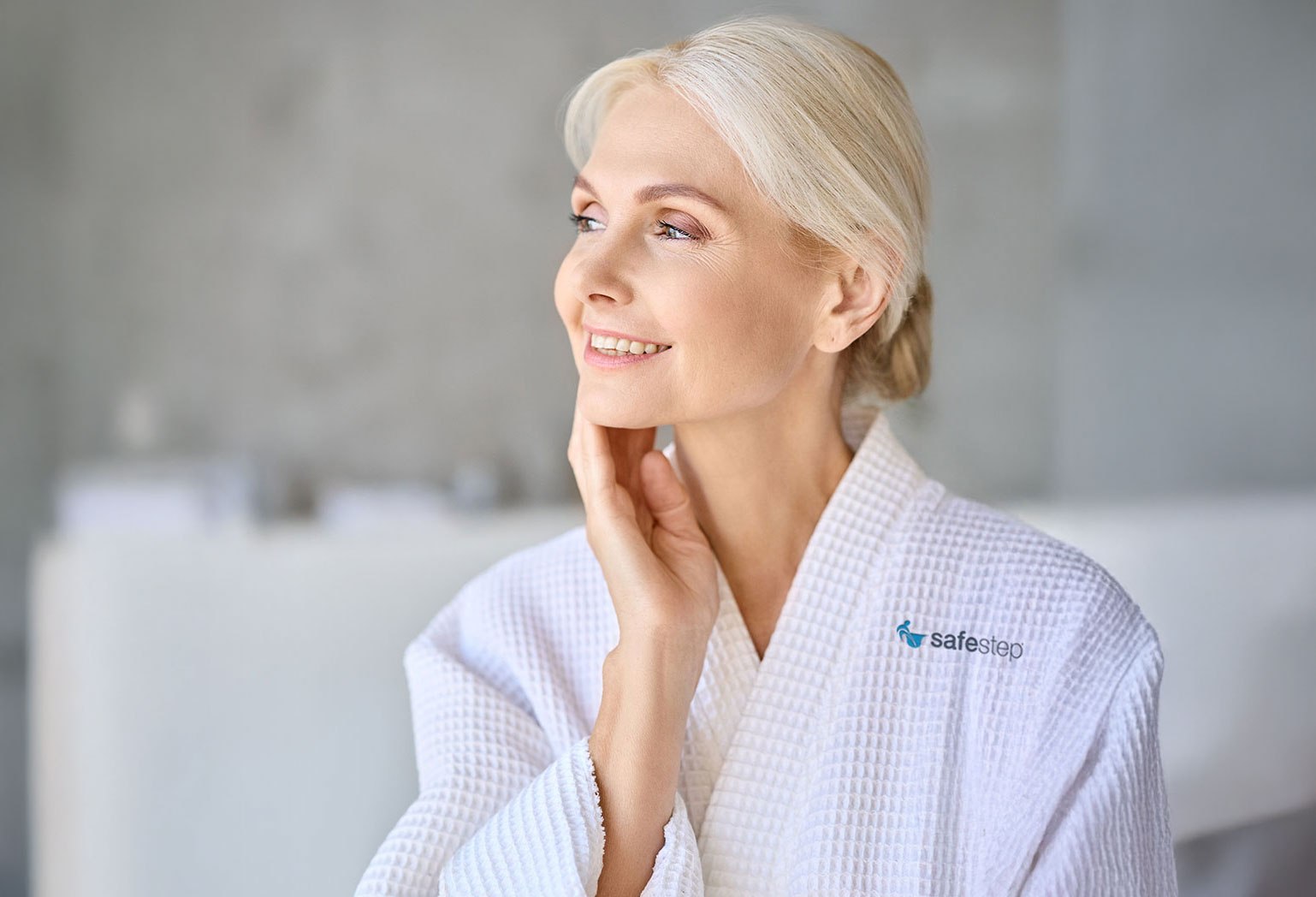 woman in safe step branded bathrobe