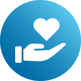 blue icon with a hand holding a heart